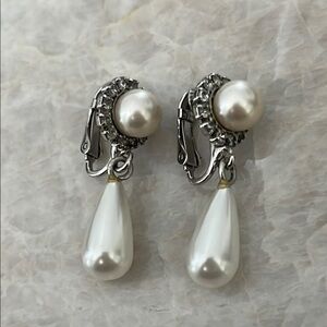 Elegant Silver and Pearl Drop Clip On Earrings